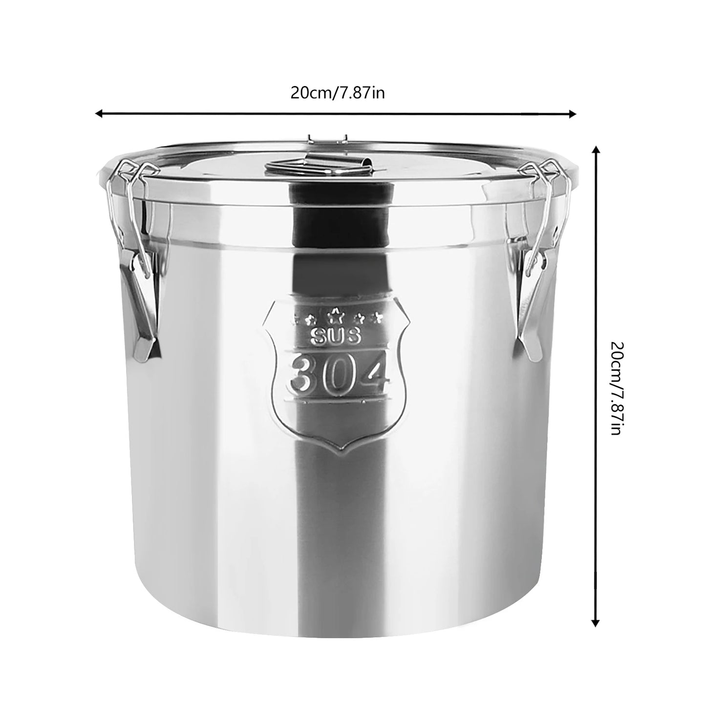 6L Stainless Steel Grain Container Kitchen Rice Grain Oil Storage Barrel w/ Handles+Lid Locking Clamp Airtight Canister, 20*20cm
