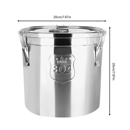 6L Stainless Steel Grain Container Kitchen Rice Grain Oil Storage Barrel w/ Handles+Lid Locking Clamp Airtight Canister, 20*20cm
