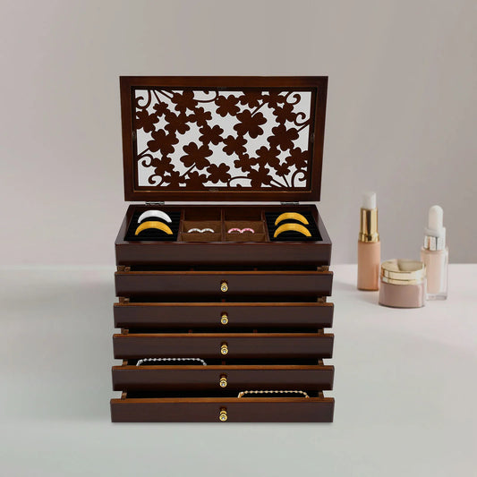 6-Tier Large Jewelry Box Jewelry Organizer Earrings Ring Drawer Type Storage Box Multi-functional Storage Case Vintage Wood Gift