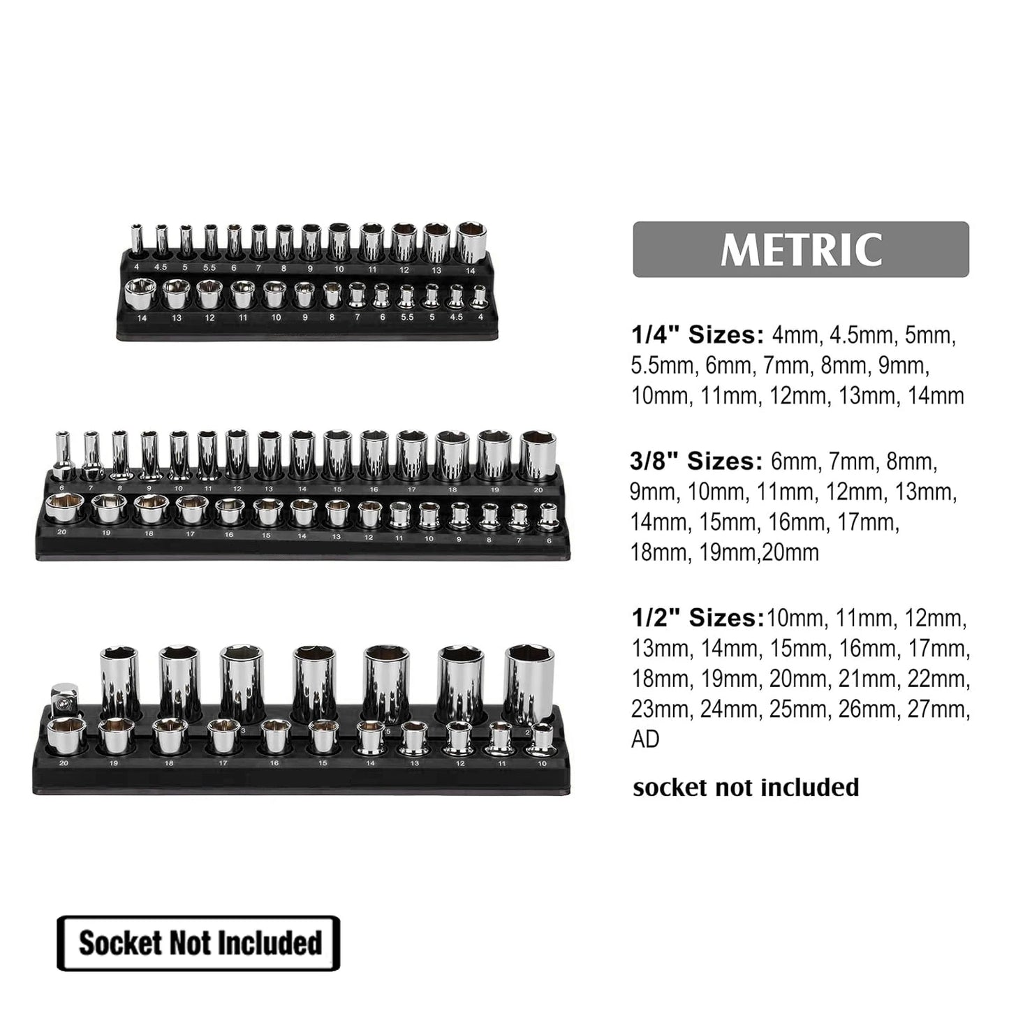 75 Slots Magnetic Socket Organizer Tray Set 3Pcs 1/4" 3/8" & 1/2" Inch Drive Metric Socket Holder Storage Organiser Black Color