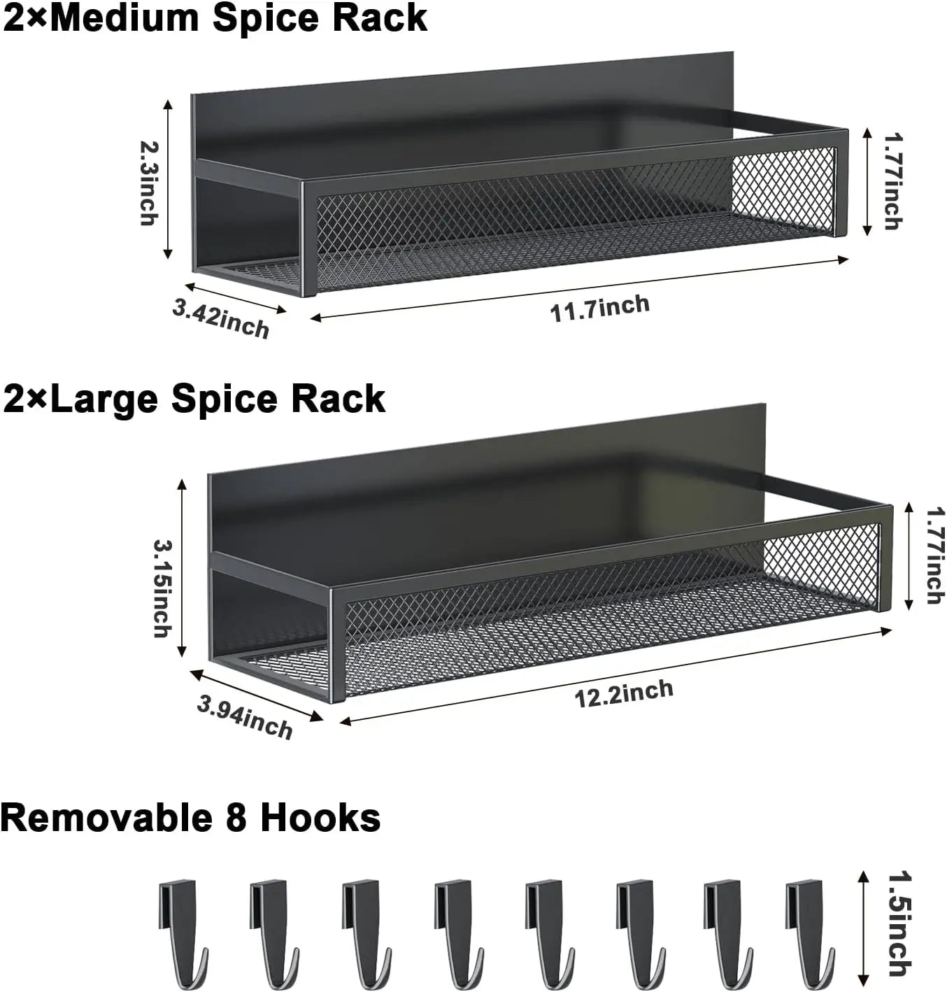 Magnetic Spice Rack for Refrigerator, 4 Pack Fridge Shelf with 8 Hooks for Kitchen Organization