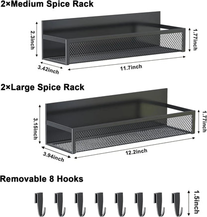 Magnetic Spice Rack for Refrigerator, 4 Pack Fridge Shelf with 8 Hooks for Kitchen Organization