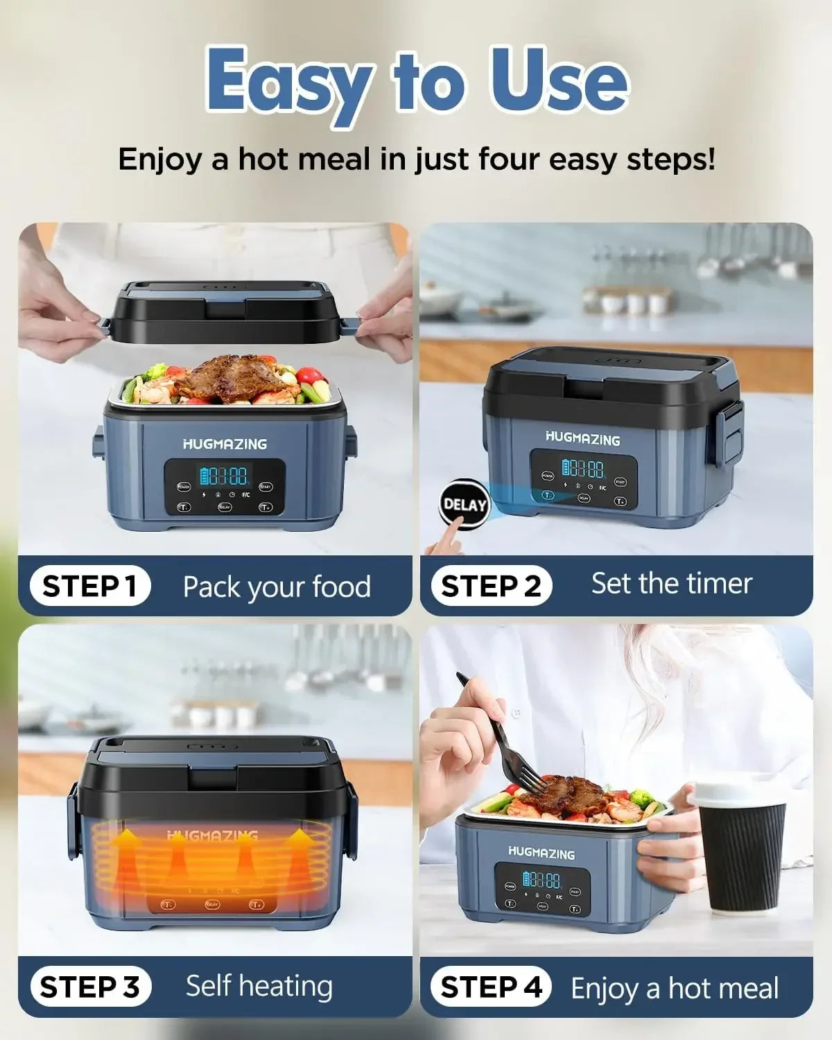 Cordless Electric Lunch Box for Adults, Men & Women – Rechargeable Self-Heating Food Warmer with 1.2L SS Container, Battery-Powe