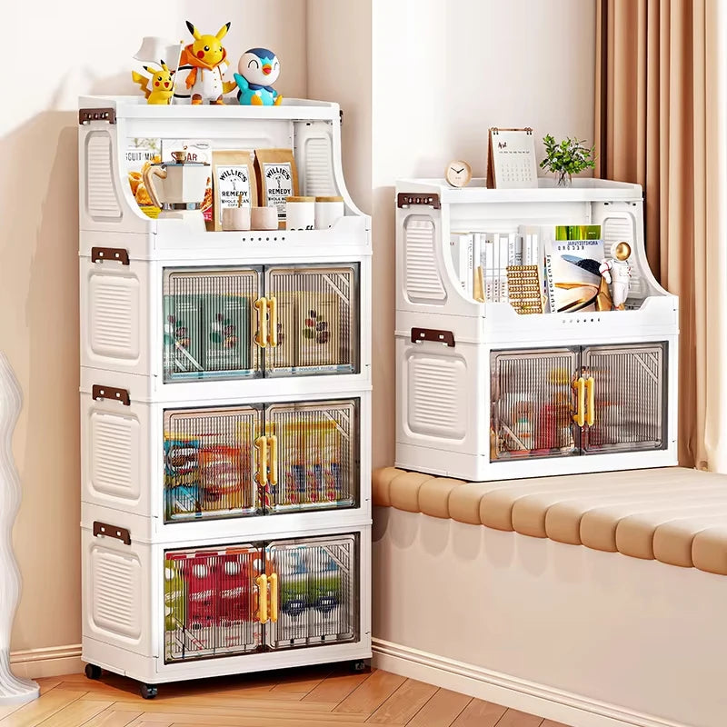 Large Foldable Flip-Top Transparent Storage Cabinet with Wheels, Space-Saving Mobile Organizer for Kitchen Bedroom Living Room