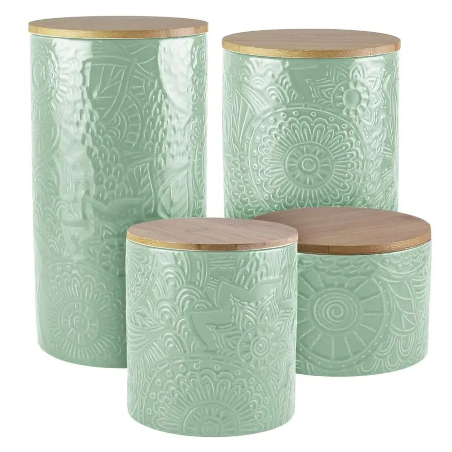 Embossed Canister Set 4Piece Ceramic Set Jar Container with Wooden Lids for Cookies, Candy, Coffee, Flour, Sugar, Rice, Pasta, C