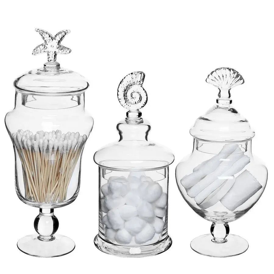 Clear Glass Apothecary Jars with Lid, Decorative Seashell Design Bathroom Canister, Footed Candy Buffet Containers, Set of 3