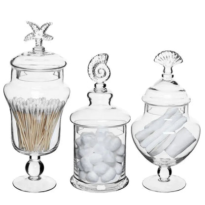 Clear Glass Apothecary Jars with Lid, Decorative Seashell Design Bathroom Canister, Footed Candy Buffet Containers, Set of 3