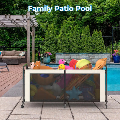 Large 295 Gallon Pool Float Storage with Wheels and Side Pockets, Outdoor Toy Organizer in Beige