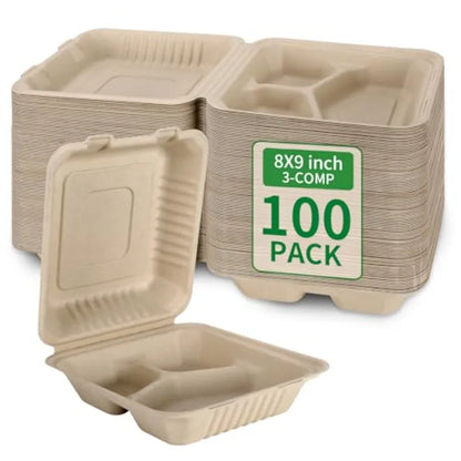 100 Pack 3 Compartment Compostable 8x9 Inch Takeout Lunch Box Containers with Lid for Food Storage and To Go Meals Eco-Friendly