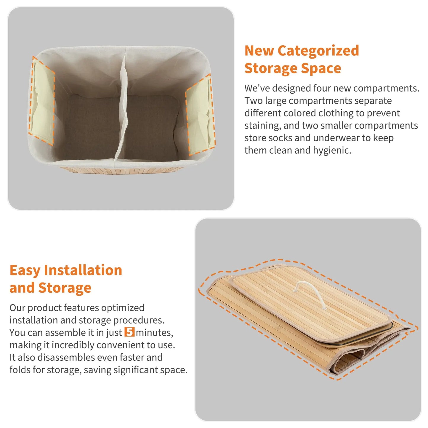 Bamboo Laundry Hamper Large 106L with Removable 4-Section Liner, Foldable Storage Basket with Lid and Handles for Bedroom, Laund