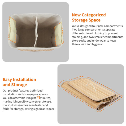 Bamboo Laundry Hamper Large 106L with Removable 4-Section Liner, Foldable Storage Basket with Lid and Handles for Bedroom, Laund