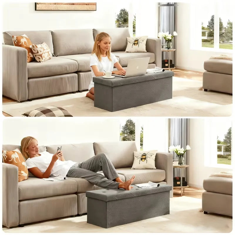 Heavy Duty Folding Storage Ottoman Bench, Indoor Outdoor Multipurpose Seat, Gray Easy Clean Fabric Organizer for Patio Garden