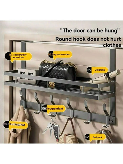 Gun Gray Over-the-Door Hook Rack with Storage Shelf, 6 Heavy-Duty Hooks for Coats, Bags, Hats & Keys, No-Drill Door Back Organiz