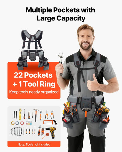 Tool Belt, 22 Pockets Tool Pouch with Suspenders for Men, Heavy Duty Adjustable Utility Belt Bag Suspenders for Electrician,
