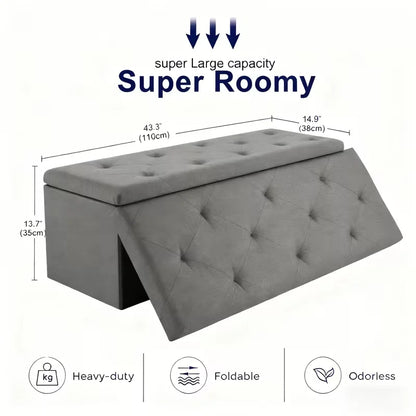 Heavy Duty Folding Storage Ottoman Bench, Indoor Outdoor Multipurpose Seat, Gray Easy Clean Fabric Organizer for Patio Garden