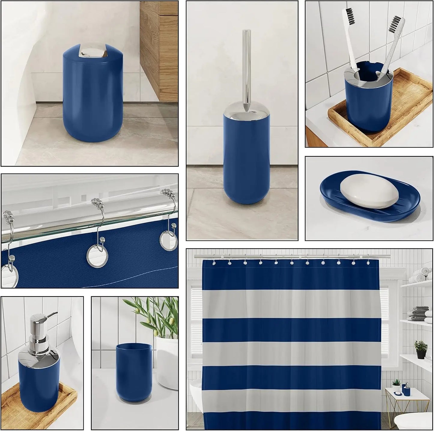 Navy Bathroom Accessory Set, 20PC Shower Curtain with Liner, Toothbrush Holder, Soap Dispenser, Dish, Toilet Brush and Trash Can