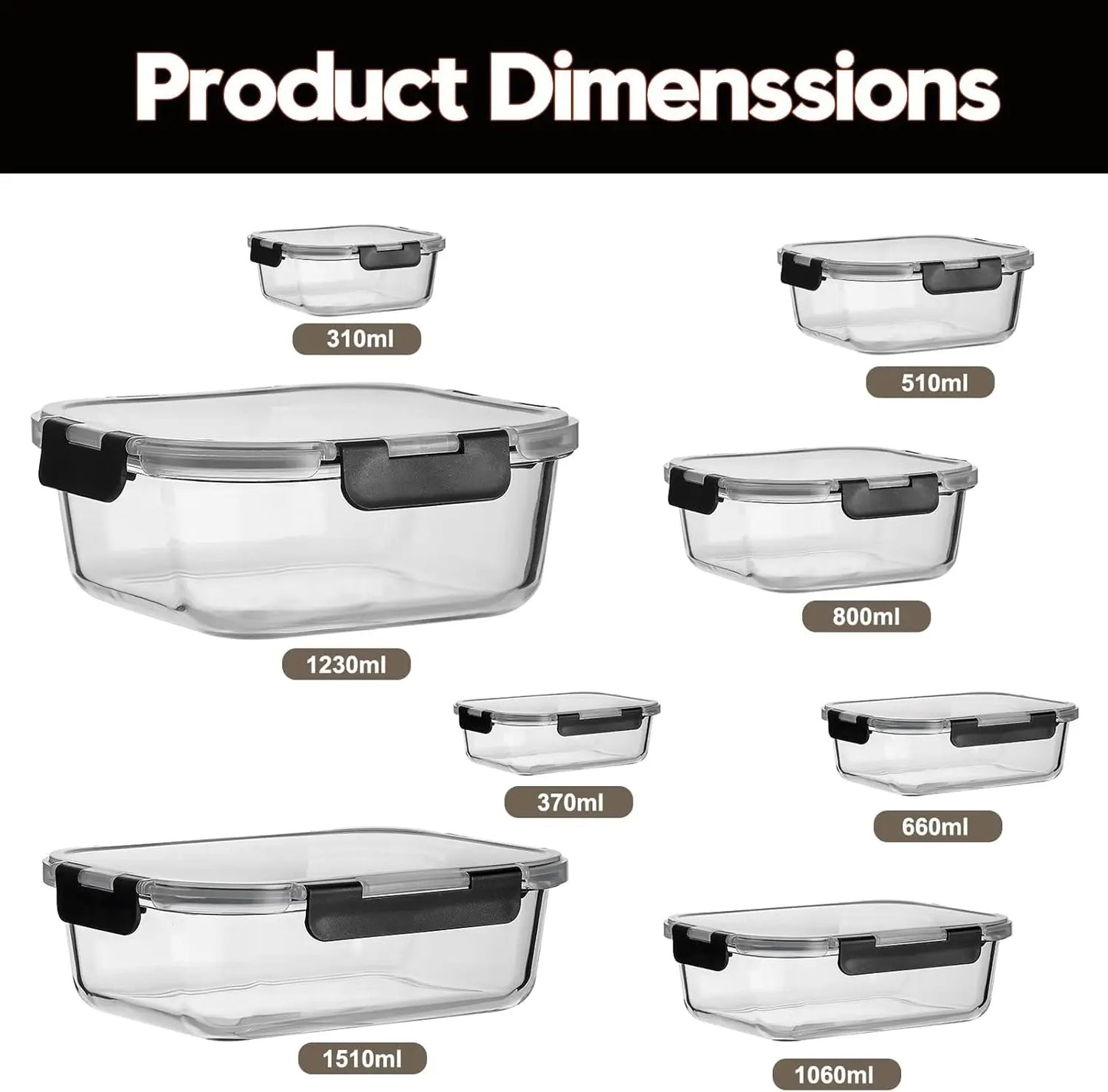 8-Pack Glass Meal Prep Containers with Lids, Airtight Food Storage Set (310ml-1510ml), Leakproof Lunch Boxes for Leftovers