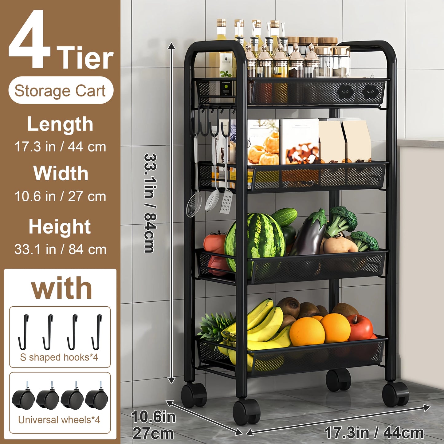 Multilayer Kitchen Storage Rack Metal Utility Cart Stackable with Wheels Multifunctional Shelf for Storing Fruits and Vegetables