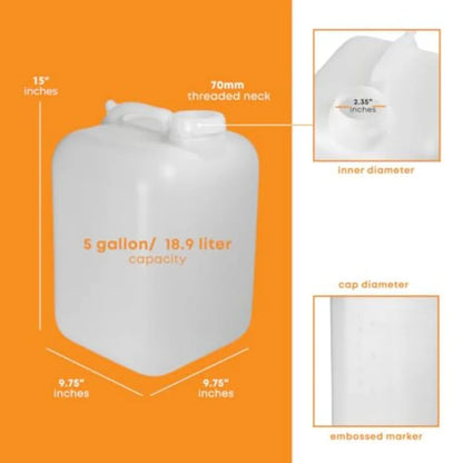 5 Gallon Hedpak with Cap Pack of 2 BPA-free Food-Grade White Water Container Leak-Proof Ideal for Brewing Fermentation or Stora