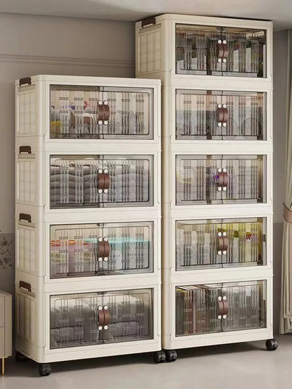 Stackable Plastic Storage Cabinet - Large Capacity with Doors & Wheels, Easy to Assemble, Closed Durable Design, for Bedroom