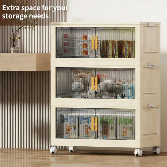 Collapsible Sturdy Storage Cabinet with Drawers and Wheels - Roomy Multi-purpose PP Organizer - Durable Storage Shelf