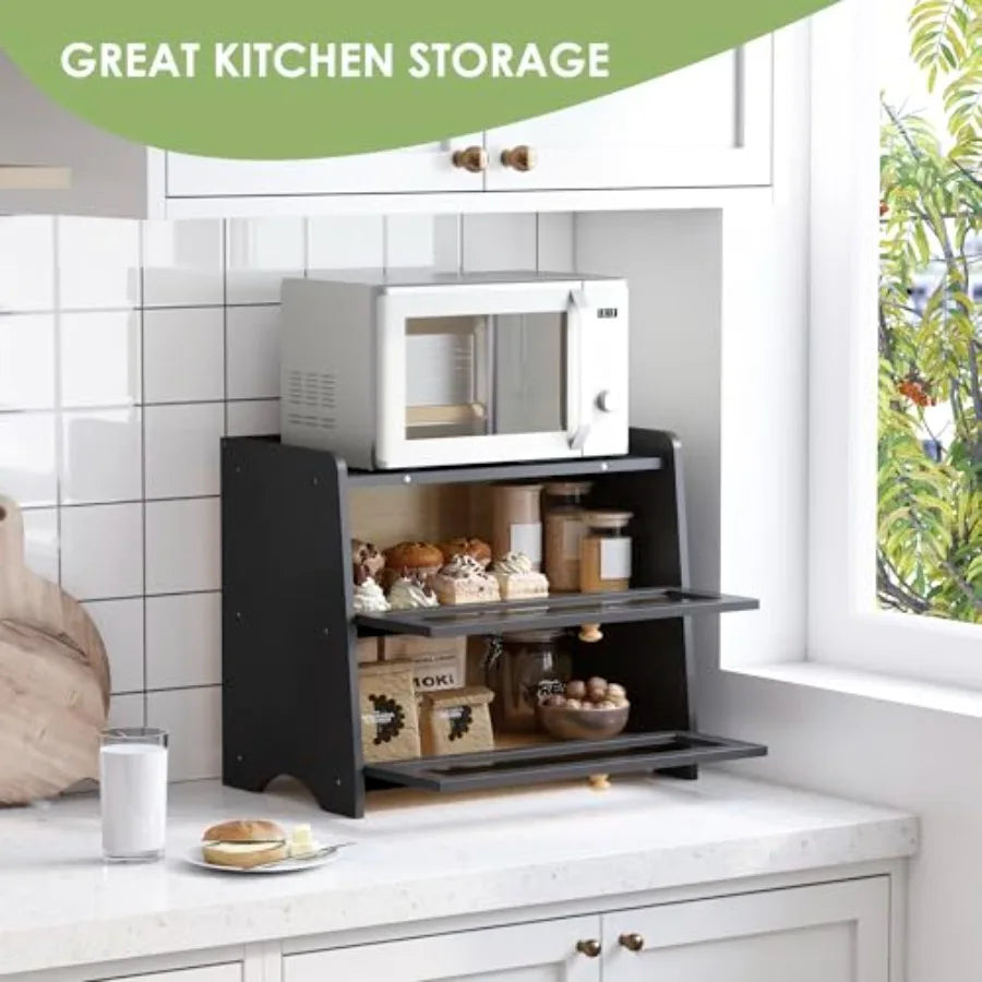 Double Layer Bread Box for Kitchen Countertop with Acrylic Door Wooden Farmhouse Bread Holder