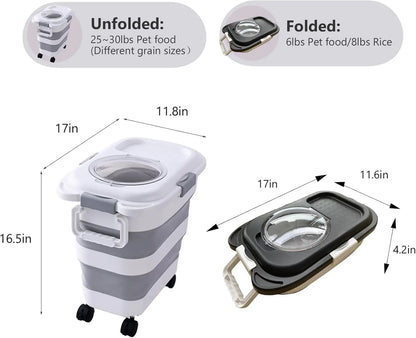 2-Pack Collapsible Pet Food Storage Container with Wheels & Scoop, 25 lbs Capacity Each, Black+White