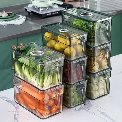 BPA-Free Sealed Refrigerator Container, Kitchen Produce Storage Box with Drain Basket & Date Timer,