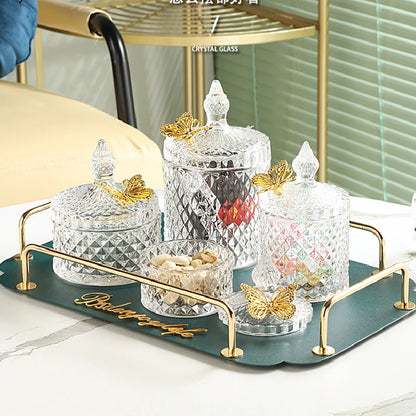 Diamond Glass Candy Jar Household Candle Jar Butterfly Lid Storage Jar Decorative Box Desktop Ornaments Modern Home Decoration