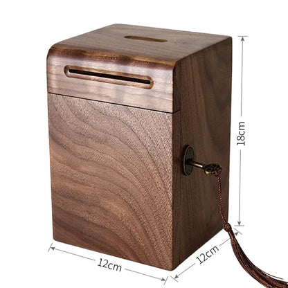 Piggy Banks for Adults, Solid Wood Money Bank, Walnut Handmade Money Saving Box with Lock, Wooden Safe Coin Jar, Home Decoration
