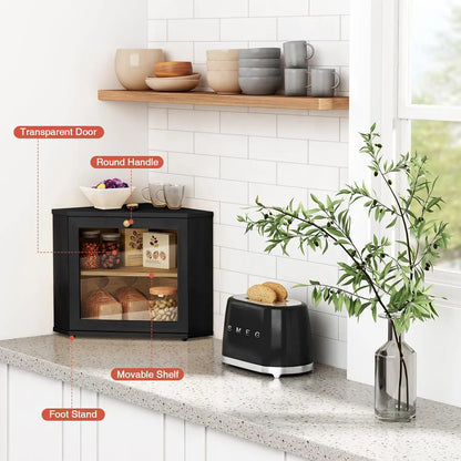 Black Two-Layer Bread Box for Kitchen Countertop, Under Cabinet Mount, Large Storage Container for Homemade Bread