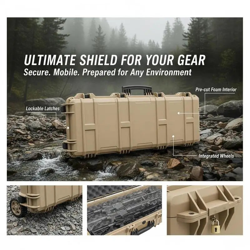 Rifle Protective Trunk 40 Inch For Hunting Shooting Range Tactical Training, Pre-cut Foam Lockable Latches Rolling Wheels Khaki Large Firearm Container Shotgun Airsoft Storage Case
