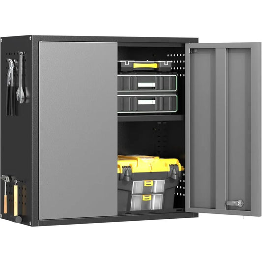 Metal Garage Wall Cabinet with 2 Doand 1 Adjustable Shel,Lockable loating Tool Cabinet with Pegboard,Steel Storage Cabinet or Ki