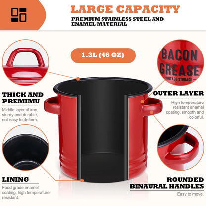 Bacon Grease Container with Strainer - Large 46OZ Red Kitchen Oil Storage Can, Food Saver Bin with Lid | Farmhouse Cooking Pot