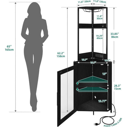 Corner Wine Cabinet with Power Outlets & LED Lights, Corner Bar Cabinet with Glass Holder, Liquor Bar Rack Cabinet for