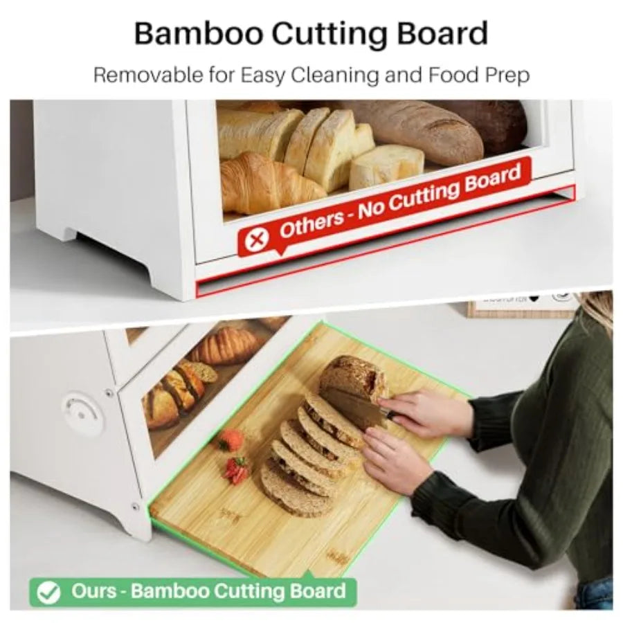 Bread Box - Kitchen Countertop Bread Storage Container with Bamboo Cutting Board Adjustable Vent Hole Dials