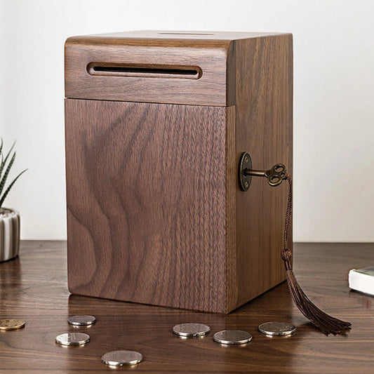 Wooden Piggy Bank with Key Fringe Lock Creative Bulk Coin Can Multi-Purpose Household Money Saving Box for Adults & Kids
