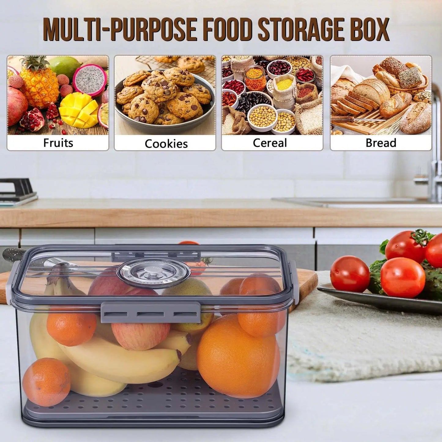 Airtight Bread Storage Container with Time Dial, Large Capacity for Homemade Bread, Toast, Bagels, Grey