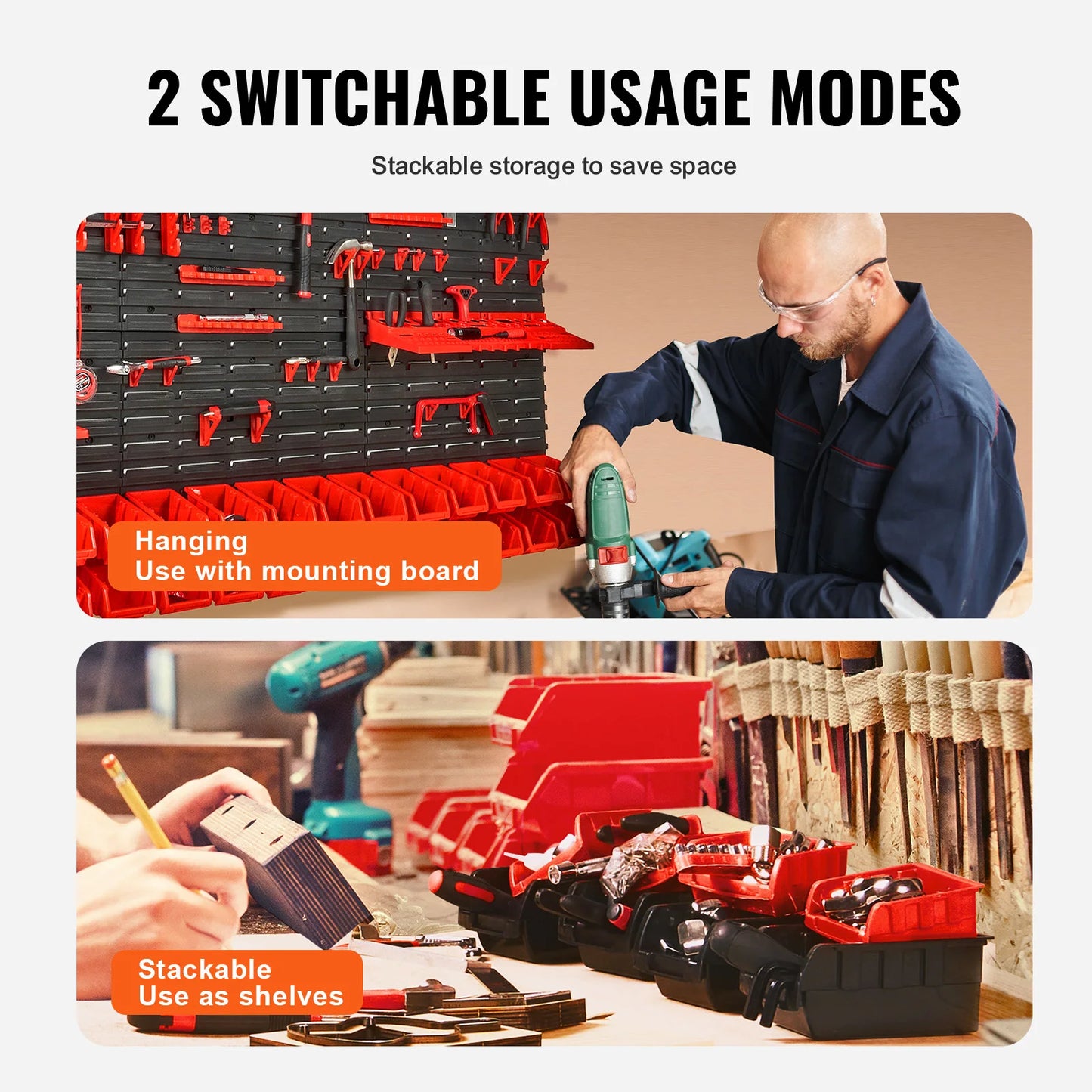 SucceBuy Wall Mounted Storage Bins 30/48Bin Parts Rack Organizer Garage with Wall Panels Hooks Plastic Shop Tool for Screw Nails