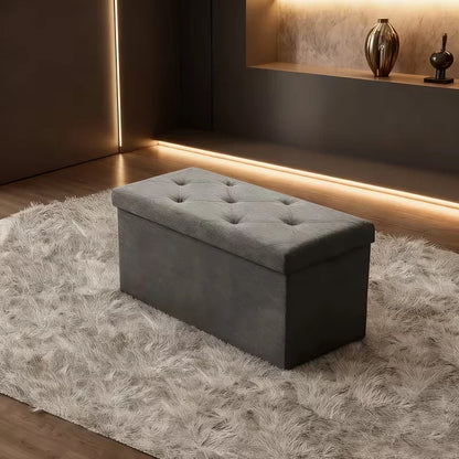 Heavy Duty Folding Storage Ottoman Bench, Indoor Outdoor Multipurpose Seat, Gray Easy Clean Fabric Organizer for Patio Garden