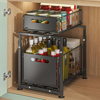 Under Sink Organizer 2-Tier Slide-Out, Heavy-Duty Adjustable Steel Kitchen Bathroom Storage Shelf for Utensils, Spices