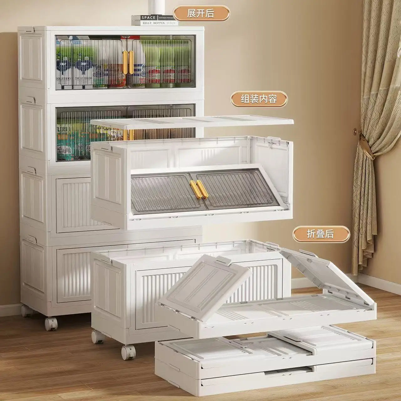 Oversized 3-5 Tier Foldable Storage Cabinet with Wheels, No Assembly Magnetic Doors Organizer for Living Room, Bedroom & Office