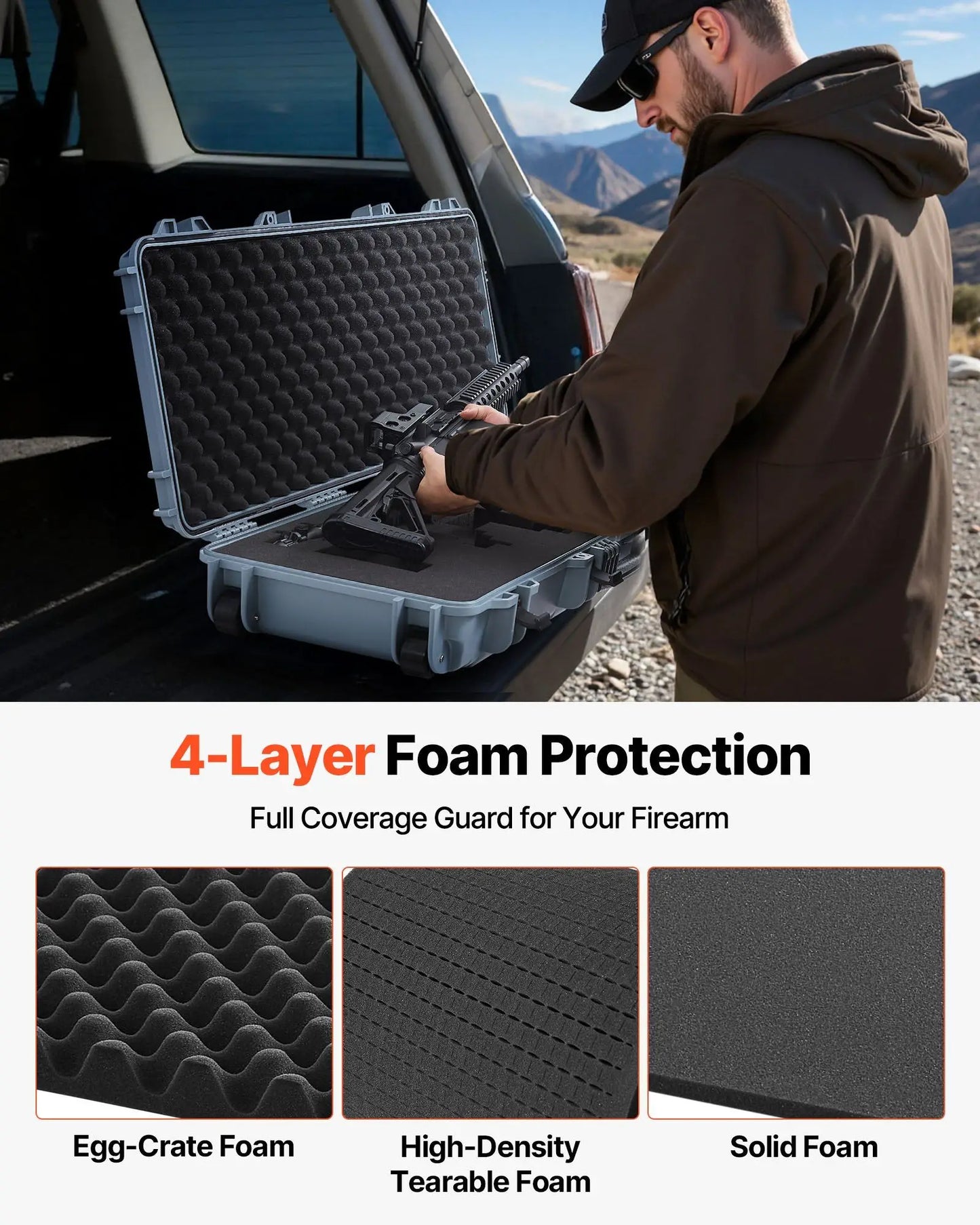 Hard Rifle Case, Lockable Rifle Case with Pre-cut Foams, 42 in Movable Gun Storage with Wheels, IP67 Waterproof & Dustproof