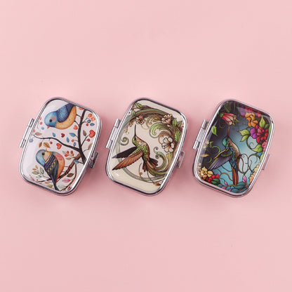 Cute Cats Pill Box Divided Metal Square Animals Tiger Birds Pill Box Travel Portable Medicine Case