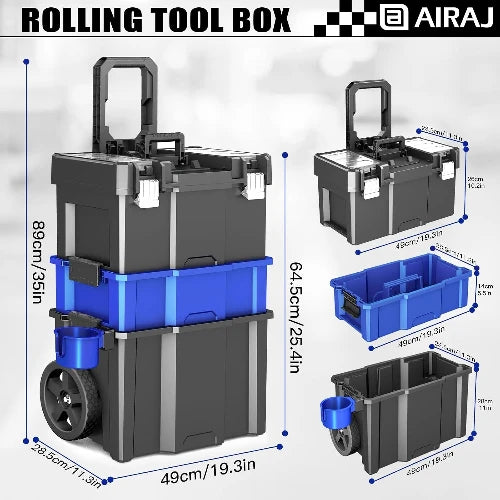 20” Rolling Tool Box with Wheels, 3-Tier Portable Stackable for Garage Storage, with Removable Cup Holder (20”W×12”D×35”H)