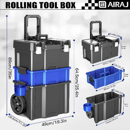 20” Rolling Tool Box with Wheels, 3-Tier Portable Stackable for Garage Storage, with Removable Cup Holder (20”W×12”D×35”H)