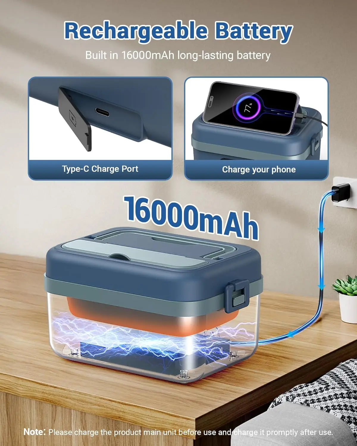 Upgraded Cordless Heated Lunch Box, 16000mAh Rechargeable, 1L Stainless Steel Container for Work & Travel