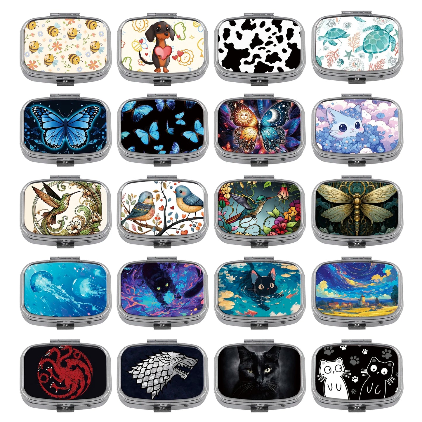 Cute Cats Pill Box Divided Metal Square Animals Tiger Birds Pill Box Travel Portable Medicine Case