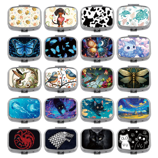 Cute Cats Pill Box Divided Metal Square Animals Tiger Birds Pill Box Travel Portable Medicine Case