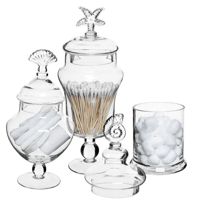 Clear Glass Apothecary Jars with Lid, Decorative Seashell Design Bathroom Canister, Footed Candy Buffet Containers, Set of 3